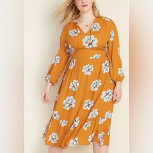 Old Navy Gold Mustard Yellow Floral Tie Neck Midi Dress